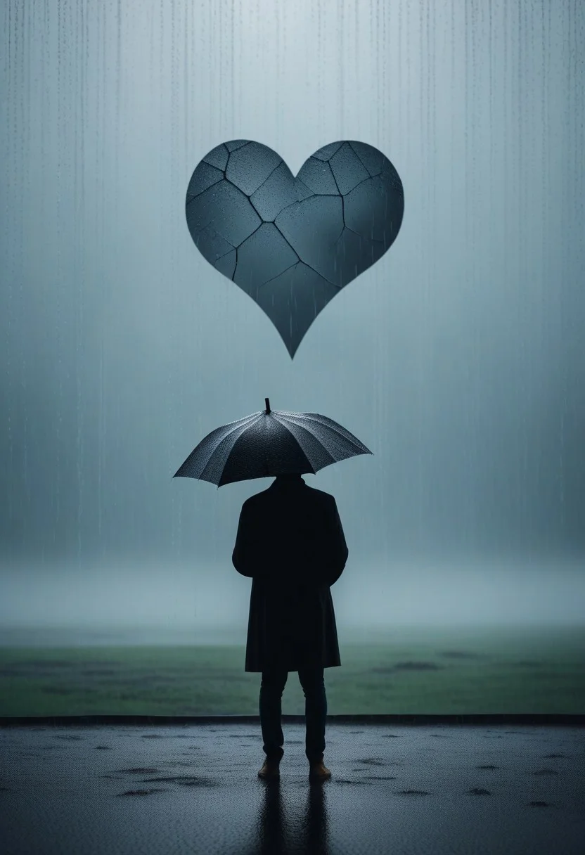 8K analog photo, The Back silhouette of a person standing alone and lonely in the rain, wearing hat, a Cracked large heart effect floating in the background, minimalist,