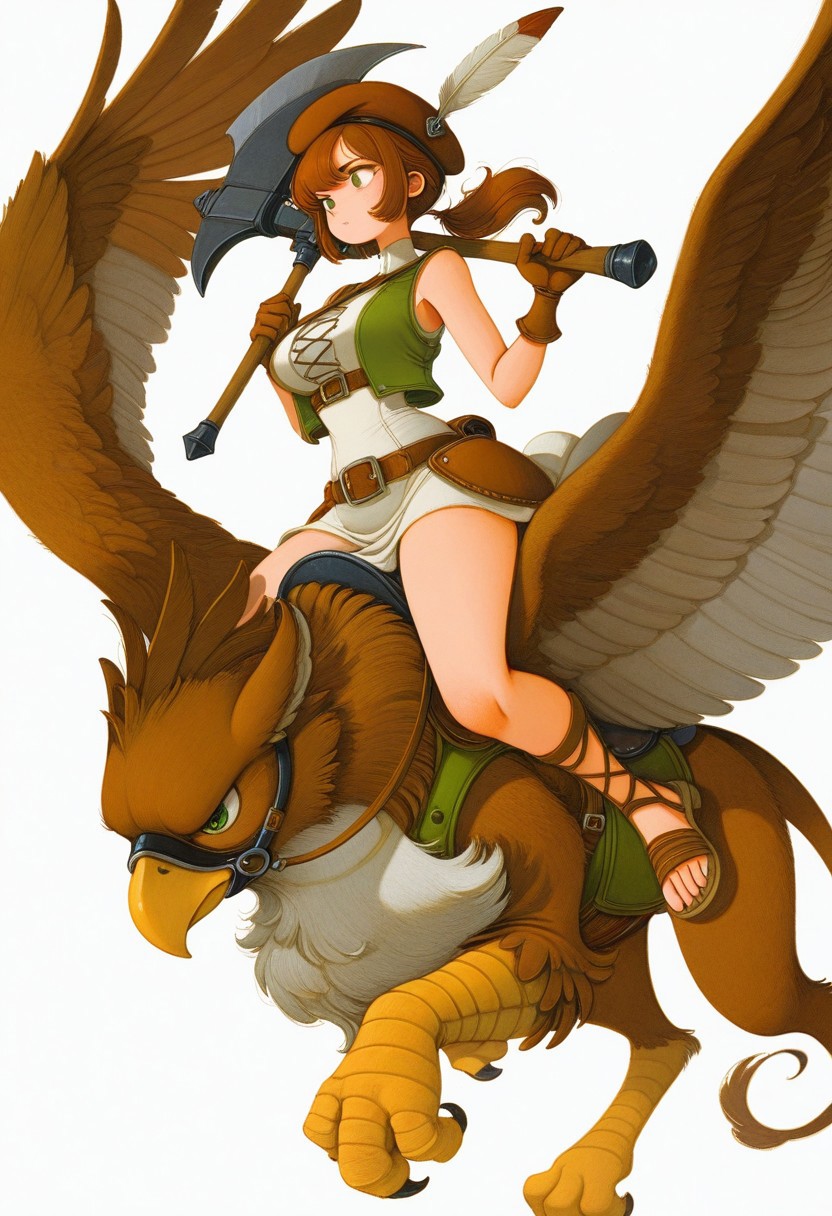 masterpiece, best quality, very aesthetic, absurdres, 
1girl, cowboy_shot, vanillaware, gryphon_knight, griffin, gryphon, flying, riding_animal, straddling, bridle, reins, saddle, green_eyes, brown_hair, short_hair, low_ponytail, short_ponytail, large_breasts, toes, beret, brown_headwear, hat_feather, pauldrons, chest_belt, buckle, couter, short_dress, white_dress, sleeveless_dress, cross-laced_clothes, long_vest, green_vest, faulds, gladiator_sandals, brown_footwear, weapon_over_shoulder, holding_axe, battle_axe, looking_ahead, closed_mouth, eyes_in_shadow, simple_background, white_background, 
fr-pi-il