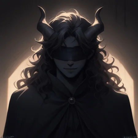Score_9, Score_8_up, Score_7_up, (masterpiece), best quality, blindfolded, perfect face, perfect anatomy, portrait, Tiefling, pointed ears, horns, short horns, tail, tail up, black skin, handsome young man, young adult, slim, black hair, wavy hair, wavy, volumize hair, semi long hair length, black clothing, sorcerer cloak, romantic perspective, smiling, nervous, beautiful perspective. sorcerer robes, indoors of a magical tavern, warm lighting in the background, soft lighting, crow feathers falling in the background, shoulder length hair, short hairstyle