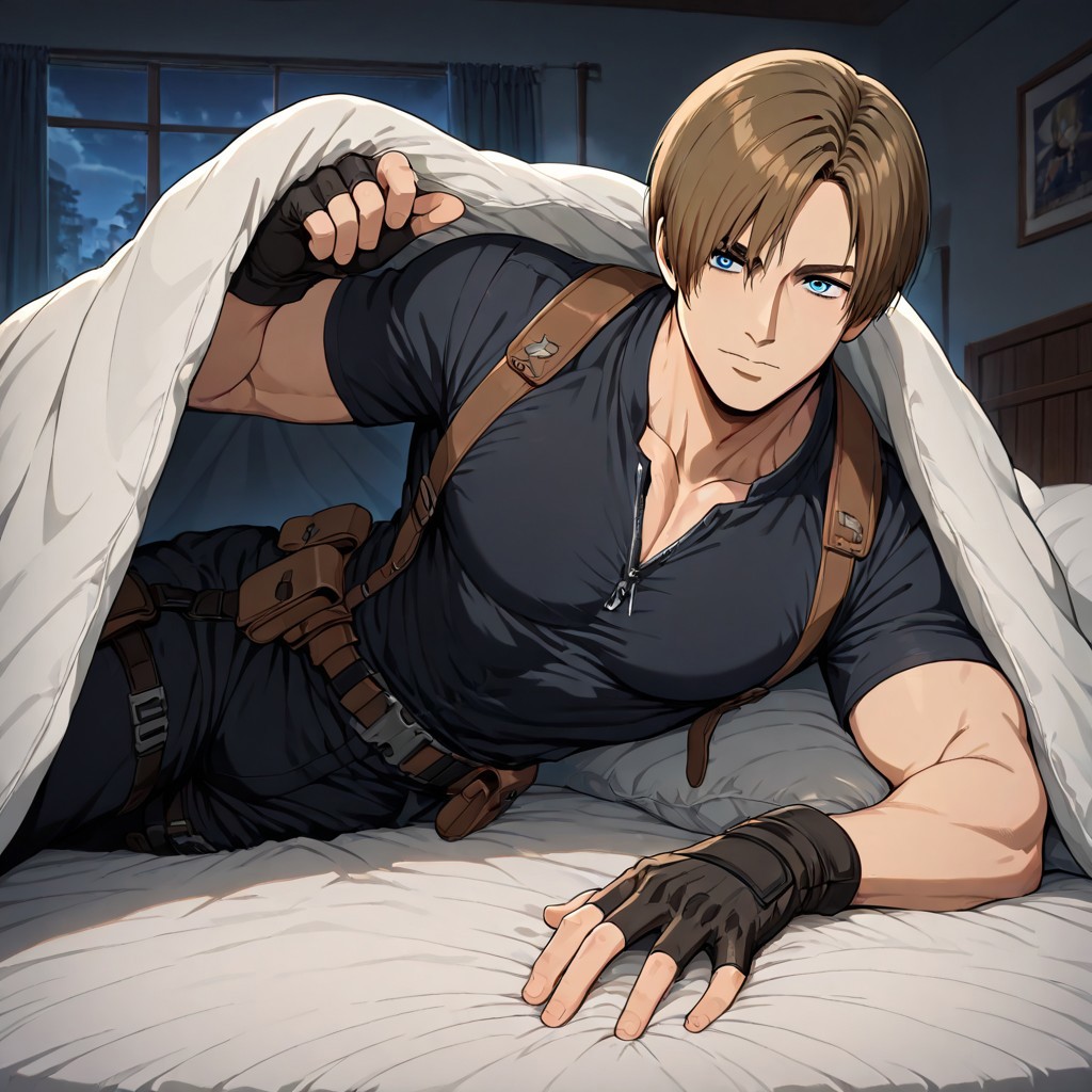 masterpiece, best quality, newest, absurdres, highres, anime, anime style, BINV-V1.0, bed invitation, cover, under covers, 
1boy, leon s. kennedy, brown hair, blue eyes, gloves,