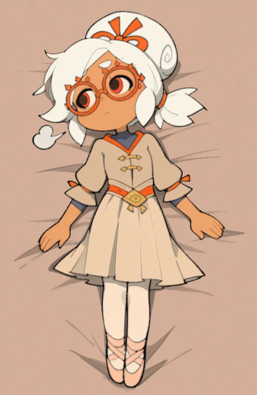 1girl, solo, <lora:TemmieChang:1> tmchng, lying, face turned to side, quiet sadness, gentle sigh, soft mood,
<lora:LilPurah-IL:0.5> prhmini, red eyes, red-framed eyewear, dark-skinned female, sheikah, white hair, chibi, ballet practice outfit, simple leotard, wrap skirt, pantyhose, ballet shoes, ponytail with ribbon, , extremely detailed, highres, masterpiece, best quality