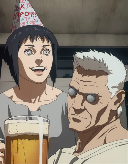 traditional media, highres, masterpiece, very aesthetic,8k,1boy, batou \(gits 1995\), white hair, artificial eye, white eyes, shadow, shirt, cinematic, cyberpunk, science fiction, muscular male, blank eyes, 1girl, kusanagi motoko \(gits 1995\), inverted bob, black hair, smiling, duo portrait, happy, party hat, serpentine, holding glass beer mug, indoors,  <lora:GITS 1995 Lycoris Illustrious 0.1:0.8>