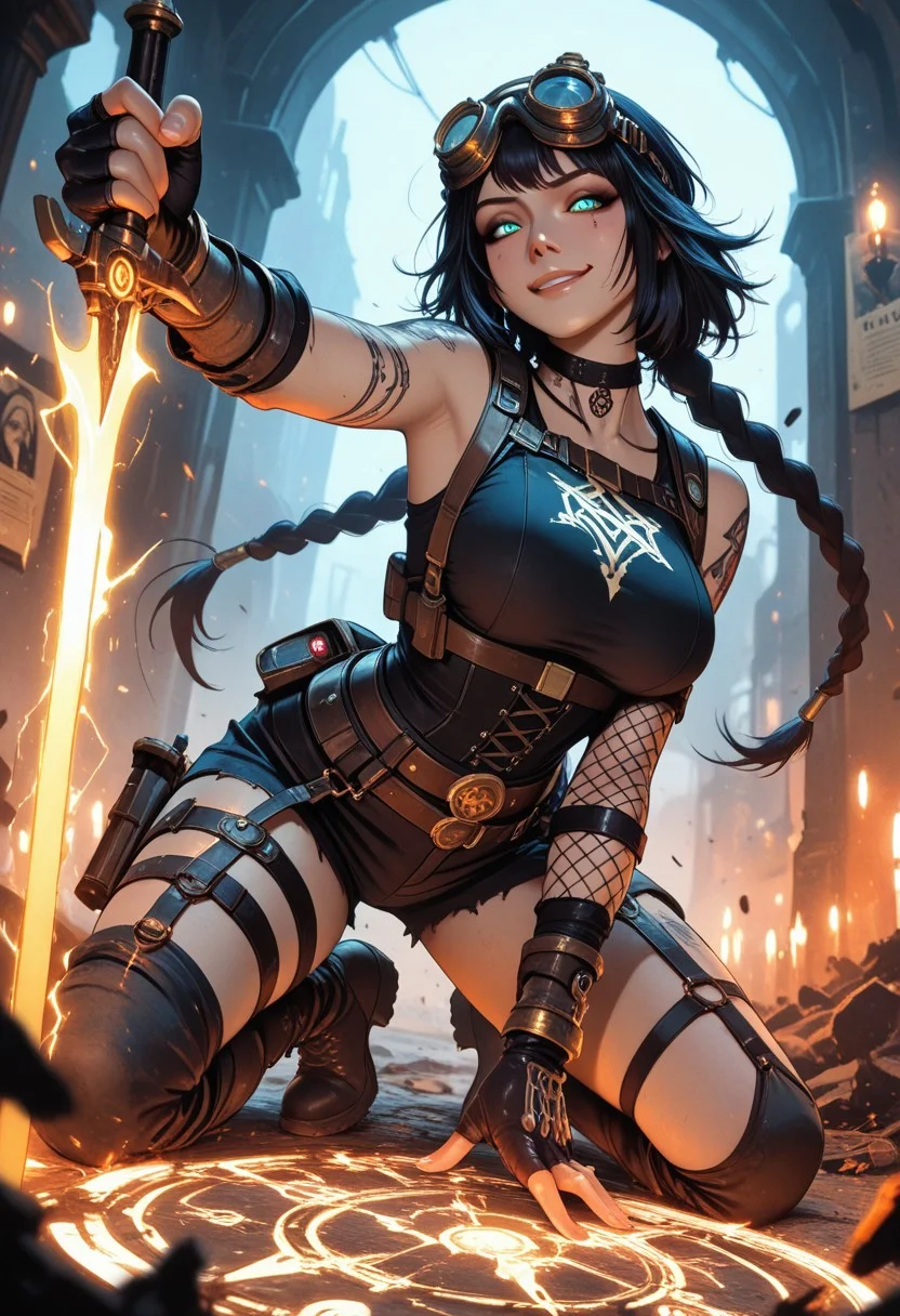 highres, very detailed, amazing quality, masterpiece, very aesthetic, glitter, particle effect, 1girl, solo, beautiful eyes, tan skin, double braided ponytail, tattoo, arm tattoos, neck tattoos, chest tattoos, skimpy top, body strap harness, fishnets under clothing, asymmetrical clothing, asymmetrical, large breasts, choker, seducing, seductive, flirty, tender, loving, playful,
steampunk combat mage, tactical gear fused with arcane design, glowing brass fittings, enchanted utility belts, belts with vials of glowing liquid, arcane badge on hip, goggles pushed up on head, armored fingerless gloves, corset-integrated spell amplifier, glowing circuitry tattoos, magical police emblem, asymmetrical clothing,
charging a spell in one hand, glowing spellblade, magical dagger, arcane energy weapon, blade crackling with magic, enchanted blade, spell channeling through weapon, glowing runes etched into blade, electricity and flame swirling violently, intense smirk, eyes glowing with arcane authority, foreshortening on outstretched arm casting forward, spell circle forming at viewer POV, smoke and debris rising around her boots,
ruined steampunk city, flickering streetlamps, shattered clockwork constructs around her feet, runes glowing on walls, wanted posters fluttering in spellshock wind, embers drifting in the air, dramatic orange/blue contrast lighting,
angle from below, cinematic lighting, dramatic depth of field, sparks and ash particles in foreground for motion blur