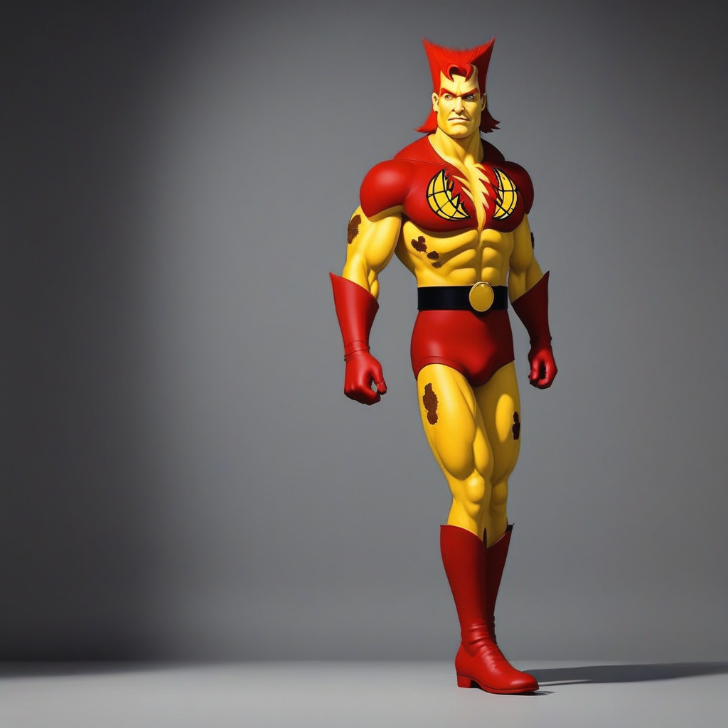 captpollution, cpollu, captpollu, "A photorealistic full-body studio shot of a muscular male villain, yellow character, standing firmly on the ground in a neutral pose. His vibrant yellow skin with brown mud spots contrasts against the soft gray background. His powerful physique is emphasized by the even lighting, casting soft shadows. His red spiky hair is sharp and distinct, his red pupils intense. He wears short red shorts, a black belt with a yellow buckle, and red boots. His arms rest naturally at his sides, his posture balanced. The high-resolution detail captures every aspect of his body, ensuring a realistic and professional studio look."