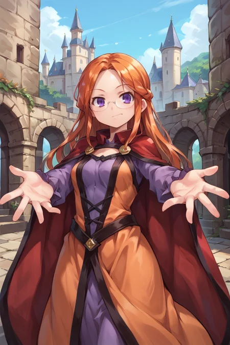 score_9, score_8_up, score_7_up, score_6_up, source_anime, BREAK,<lora:Eudy:0.8> , eudef, 1girl, purple eyes, orange hair, long hair glasses, ((pince-nez)), orange dress, shirt under dress, purple shirt, red cape, cowboy shot, (looking at viewer), smile, closed mouth, castle, scenery, <lora:backgroundsetXL:0.4> , background, outstretched arms,  <lora:MeyekePonyXL:0.7>