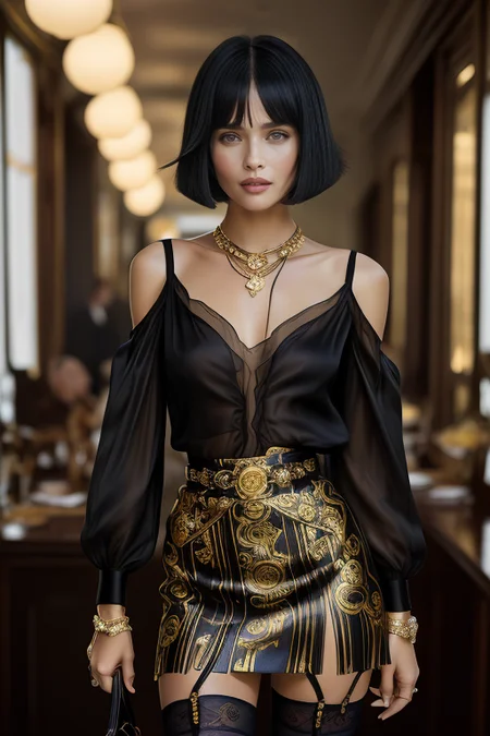 masterpiece,best quality,ultra_detailed,<lora:BellissimaSD1.0:0.8> bellissima, 1girl , smile <lora:VersaceStyleSD:1> versace style, haircut style shag with flapper bob, shirt, miniskirt, silk stockings, high heels, shoulder bag   ,by Peter Lindbergh