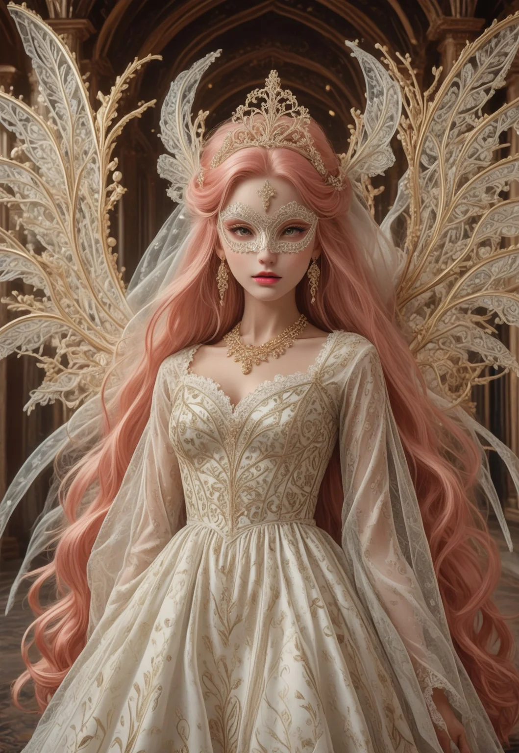 safe_pos, pmg style, score_9, score_8_up, score_7_up, score_6_up, scifi, temple,
pink hair, ((very long hair:1.4)), ((white puppet:1.2)), ((white lace mask:1.3)), gold pattern mask, (slender:1.2), (white skin:1.3), glowing transparent wings, wings on back, huge fractal patterned wings, slender, beautiful breasts, full-body, white shining dress, see-through shawl, fancy shawl, full of gold ornaments dress, tiara, extravagant jeweled necklace, crazy extravagant, excessive glittering decorations on dress, complicated patterned dress, flowers, long earrings, glitters on dress, jewelry, layered dress, complicated patterned dress, excessive extravagant ornaments,
