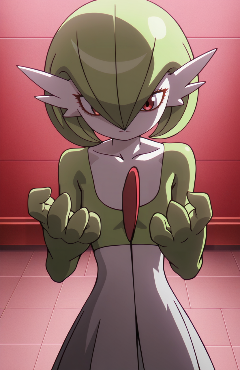<lora:Daima_v4:1> dbdaima, solo, lazypos, anime screenshot,
1girl, gardevoir, pokemon \(creature\), green hair, red eyes, three fingers, large hands, skinny,