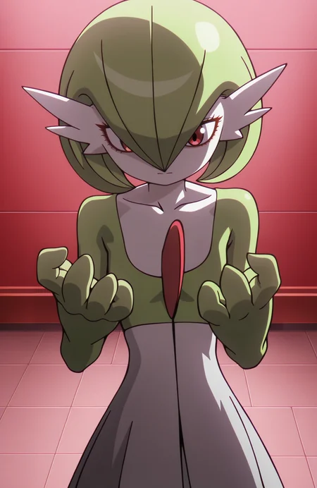 <lora:Daima_v4:1> dbdaima, solo, lazypos, anime screenshot,
1girl, gardevoir, pokemon \(creature\), green hair, red eyes, three fingers, large hands, skinny,