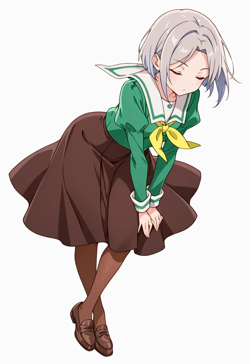 masterpiece,high quality details,absurdres, 
 <lora:Nishidera_Nene:0.8>
nene_cnr, 1girl, grey hair, short hair, 
nene_s2,green shirt, white sailor collar, serafuku,long skirt,black-brown skirt, juliet sleeves,pantyhose, loafers,, simple background, white background, front view,solo,, ;<,