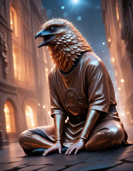 cinematic film still solo, copper fusion of hantu ulat sutra,hantu dinding,ant,magpie,kongamato, copper fur statue, artist:Mikio Igarashi (ãããã ã¿ãã), safe, sfw, envy, wearing copper wool tunic with embroidery, Sitting on the ground with legs spread wide, looking surprised, Vlogging, in copper Floating city in the sky with airships and magical technology, dutch angle, volumetric lighting,
masterpiece, best quality, amazing quality, very aesthetic, absurdres, highres, high detail,
, , , , <lora:MadeOfCopper01_CE_SDXL:1.2>,<lora:CivChan:1>,<lora:hand 5.5:1>,<lora:Dynamic Poses:1> . shallow depth of field, vignette, highly detailed, high budget, bokeh, cinemascope, moody, epic, gorgeous, film grain, grainy