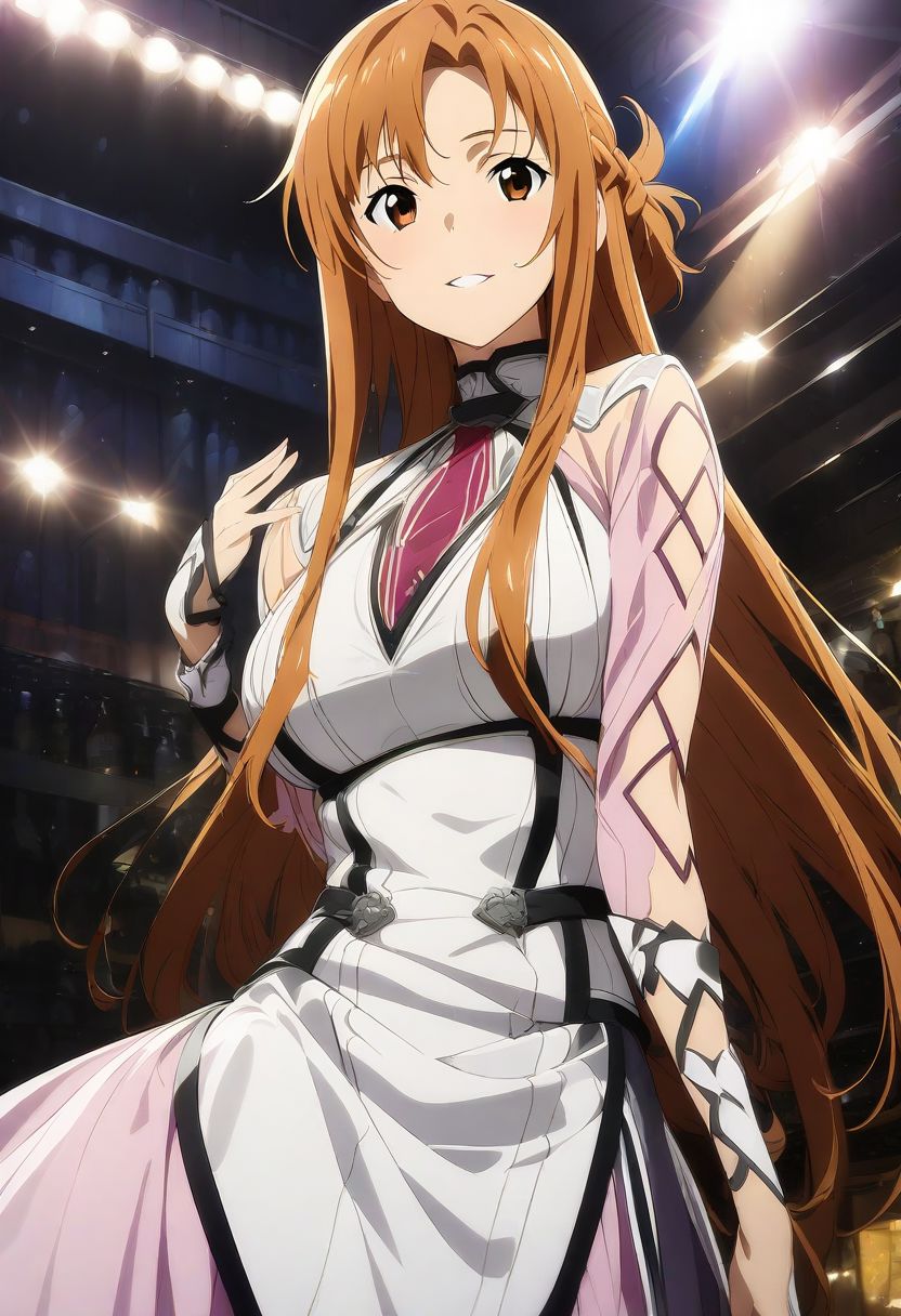 (very aesthetic),(masterpiece),(best quality),(ultra-detailed),(best illustration),(best shadow),(absurdres),(detailed background), yuuki asuna, brown eyes, brown hair, long hair, bangs, braid, large breasts, cabaret outfit, seductive grin, looking at viewer,  night club background,
