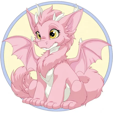 Neopets, circle background, solo
cute fluffy pink dragon in the style of neopets, yellow eyes, funny, darker man, darker wings, white underbelly, white ears