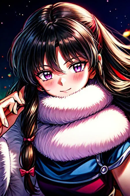 masterpiece, best quality 1girl Setsun4 solo long hair, (night time) forest background black hair very long hair purple eyes multicolored hair armor (fur trim) (medium body),<lora:EMS-179-EMS:0.800000>,<lora:EMS-293862-EMS:0.800000> bow, hair_bow, hair_tubes, red_bow, brown_hair, long_hair, bangs, sidelocks, ascot, brown_eyes, frilled_bow, yellow_ascot, blush, smile, hair_between_eyes