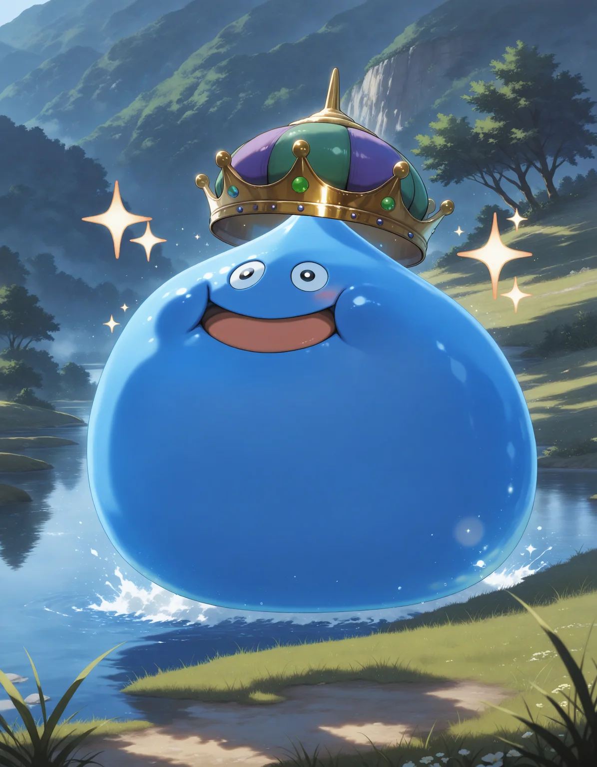 SmoothNoob_Quality,masterpiece,extreme detailed,full_body,outdoors,lake,
BREAK 1other,no humans,king slime,slime \(creature\),crown,:D,open mouth,blue skin,blush,smile,happy,<lora:NOOB_vp1_detailer_by_volnovik_v1:1>,<lora:king slime-NAI:1>,doyagao,sparkle,