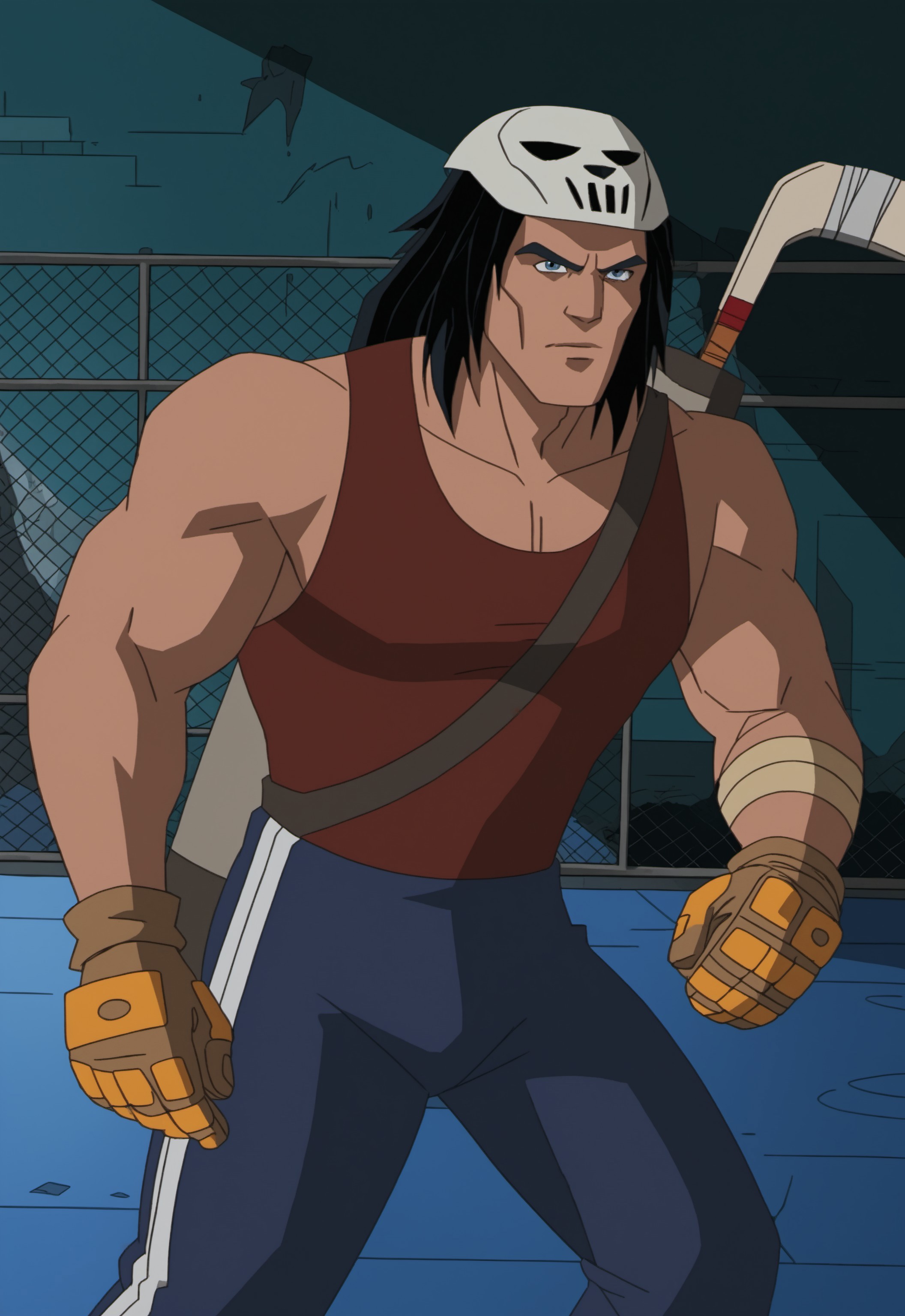 safe_pos, safe_pos, safe_pos, score_9, score_8_up, rating_nsfw, ultra hd, absurdres, best quality, best aesthetic, masculine, hand with five fingers, solo, 1boy, male focus, perfect proportions, erotic, mature male, Expressiveh, wolfconf,

TMNTCaseyJones, black hair, gloves, blue eyes, tank top, hockey mask, fighting stance, sewer background