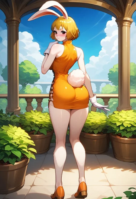 score_10 , score_9_up, score_8_up, score_7_up , score_6_up, vibrant colors, shiny_skin , prefect lighting, detailed image, snoozing , masterpiece , best quality , highly detailed , source_anime, shonen protagonist , anime style , BREAK  , <lora:Carrot__Lora_Model__One_Piece:1>, 
1girl , solo , Opcarrot, blonde hair, short hair, furry, white furr, blush, rabbit ears, big breasts ,  curvy , thicc , cute , orange short dress, bare shoulders, white gloves, open clothes ,
looking at viewer , back view , blue sky , garden , inematic composition , dynamic pose , Standing , full body ,