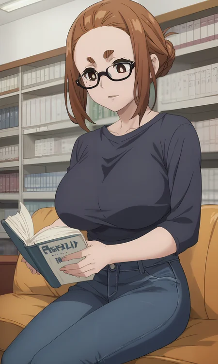 score_9, score_8_up, score_7_up, solo, source_anime, <lora:Fine_Anime_Screencap-PonyV2:1> fine anime screencap_xl, anime anime screencap,   <lora:Sumireko_Ogawa:1> sumireko_wz, brown hair, brown eyes, mole under eye, thick eyebrows, sidelocks, hair bun, single hair bun,short hair, large breasts, black shirt, jeans, sitting, library, reading, book, glasses, lamp,indoors