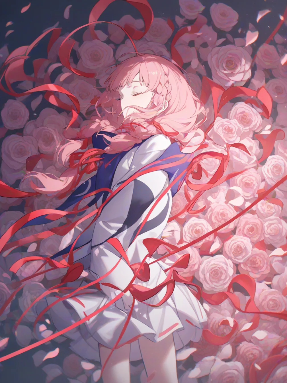 1girl,flower,solo,kaf (kamitsubaki studio),braid,pink hair,hood,rose,twin braids,skirt,hooded jacket,long hair,jacket,hood down,pink flower,long sleeves,red flower,petals,closed eyes,red ribbon,ribbon,pink rose,white skirt,string,shirt,red rose,white shirt,pleated skirt,low twin braids,
<lora:ag31-KonYa666_2-000038:1>,
