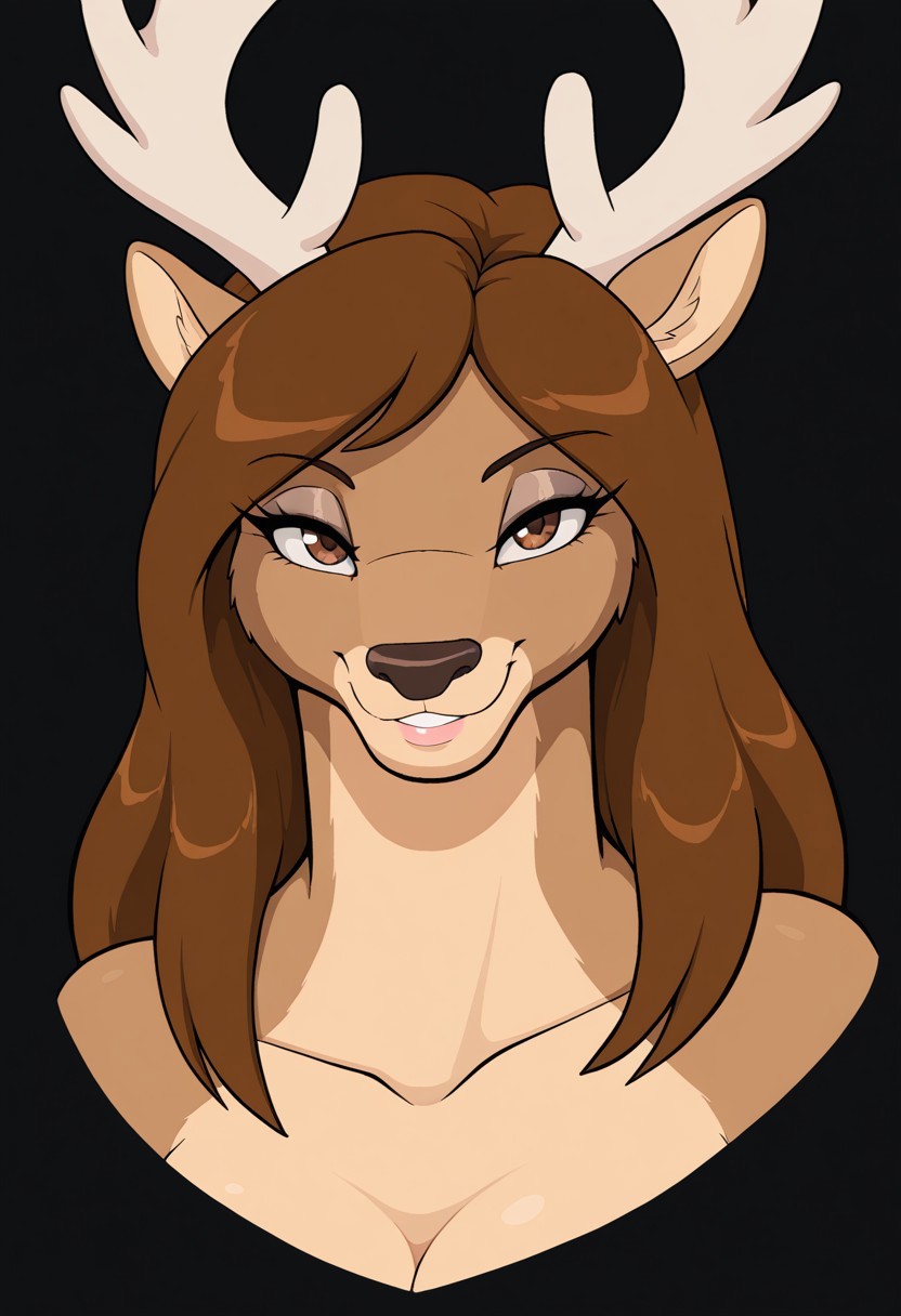 art_style_droll3ill, masterpiece, best quality, amazing quality, high detail, 1girl, solo, anthro reindeer, golden brown body, antlers of reindeer, brown eyes, deer face, BREAK, portrait, looks at the viewer, smiles, blushes, shows the micah sign, white and black background, light brown eyeshadow, medium eyelashes