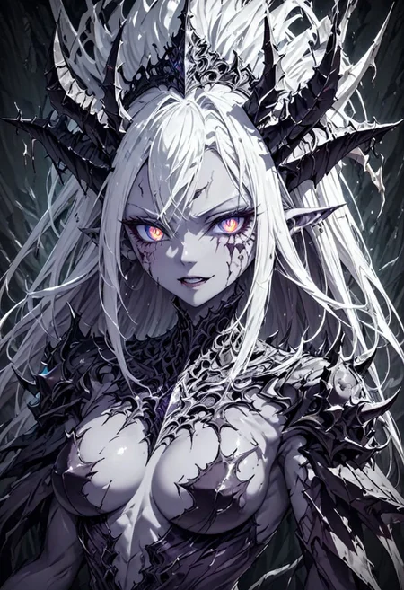 cyberdemon, female demon, cyborg, purple skin, tail, horns, pointy ears, opera diva, cyber eyes, 1girl, solo, ballgown, european dress, fantasy art, cyberpunk, best quality, upper body, portrait, warhammer40