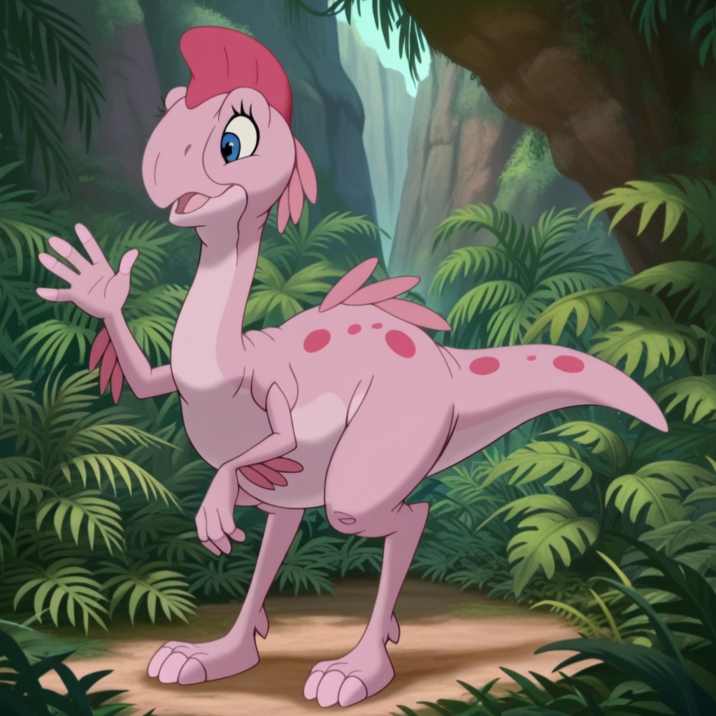 masterpiece, best quality, amazing quality, rubylbttvil, feral, female, Oviraptor, pink skin, magenta crest, blue eyes, standing, in a jungle, full body, waving, solo, <lora:ccf382dc-d375-49f6-9a22-4ba3995ba48a:1.0>