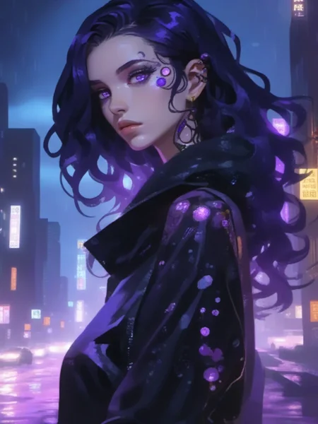 1girl, solo, wavy_hair, black_hair, long_hair, purple_eyes, tattoos, purple_hair,cyborg city, night, rain, <lora:niniv2:0.7>