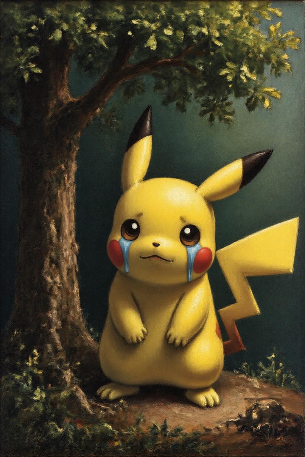 janver1 oil painting. Pikachu crying, large tear drops on his face, under a green tree  <lora:janver3_handc_d6a3e13:1.0><lora:806201783065208757:0>
