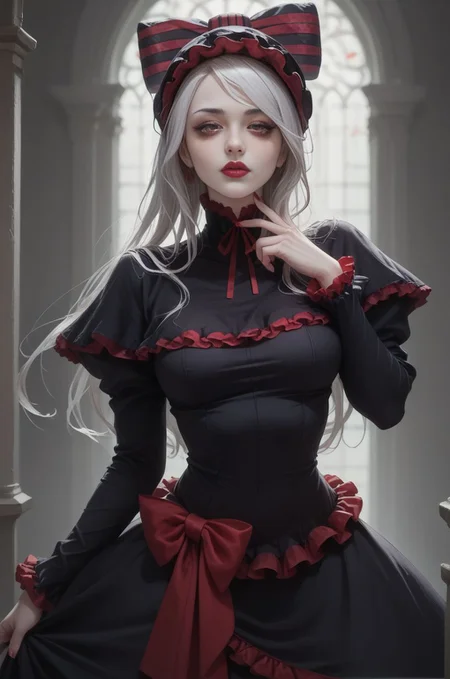 (score_9, score_8_up:1.1), score_7_up, score_6, Overlord western anime style, BREAK (24 year old Shalltear Bloodfallen from overlord), vampire lady, gothic victorian dress, sleek silver hair with bow, red eyes, small ears, lipstick, mascara, (very pale ghostly white skin), eye shadow, stockings, captivating gaze, looking at viewer, blushing, flushed cheeks, very sexy, slim legs, BREAK volumetric lighting, cinematic lighting, detailed, shadows, sinister lighting, dramatic pose, dynamic, small tight butt, detailed face, intricate details, naturalism, hyperdetailed, wide shot dark cinematography, volumetric lighting, source lights, <lora:Expressive_H:1>, <lora:Concept Art Ultimatum Style LoRA_Pony XL v6:1> , zPDXL (1), <lora:Shalltear:1>