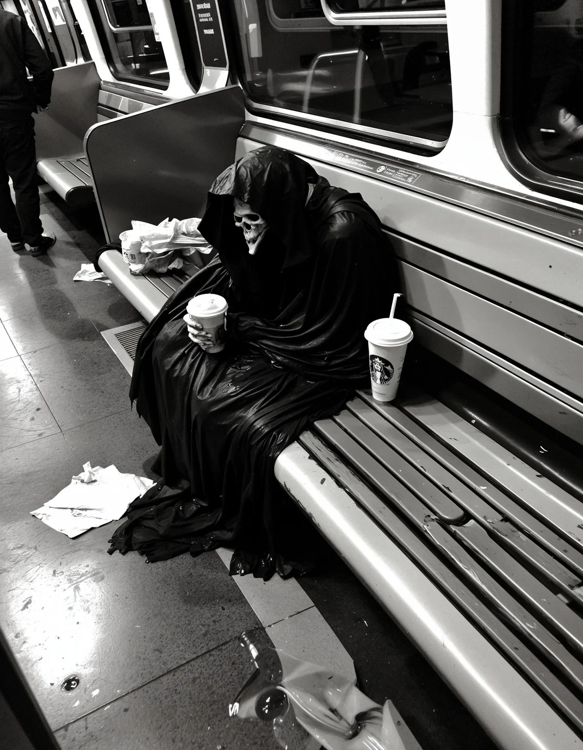 A candid, grainy photo of a Dementor slouched alone on a dirty subway bench, taken from a few seats away with a smartphone. The Dementor’s black, tattered cloak drapes over the edge of the plastic seat and pools on the gritty floor. One skeletal hand loosely holds a nearly empty iced coffee cup. The lighting is harsh and uneven from old fluorescent bulbs, with slight flickering. The floor is littered with crumpled napkins and an empty bottle rolling near the Dementor’s feet. The image is shot on iPhone, with soft motion blur, low-light grain, and imperfect composition — as if someone took it quickly and nervously. The vibe is eerie yet mundane — like spotting something out of place on your commute but pretending it’s normal. <lora:epiCRealnessRC1:-0.8>