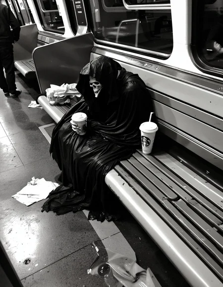 A candid, grainy photo of a Dementor slouched alone on a dirty subway bench, taken from a few seats away with a smartphone. The Dementor’s black, tattered cloak drapes over the edge of the plastic seat and pools on the gritty floor. One skeletal hand loosely holds a nearly empty iced coffee cup. The lighting is harsh and uneven from old fluorescent bulbs, with slight flickering. The floor is littered with crumpled napkins and an empty bottle rolling near the Dementor’s feet. The image is shot on iPhone, with soft motion blur, low-light grain, and imperfect composition — as if someone took it quickly and nervously. The vibe is eerie yet mundane — like spotting something out of place on your commute but pretending it’s normal. <lora:epiCRealnessRC1:-0.8>