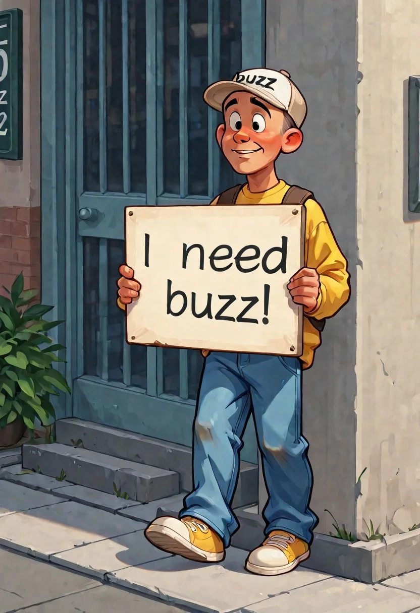 need_buzz, holding sign, ((panel with message "I NEED BUZZ, PLEASE")), (1boy, teenager), holding a panel with text "I NEED BUZZ", walking in street