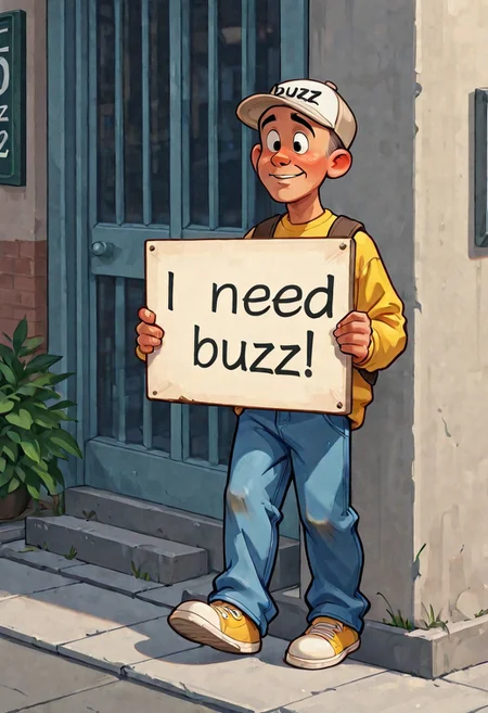 need_buzz, holding sign, ((panel with message "I NEED BUZZ, PLEASE")), (1boy, teenager), holding a panel with text "I NEED BUZZ", walking in street