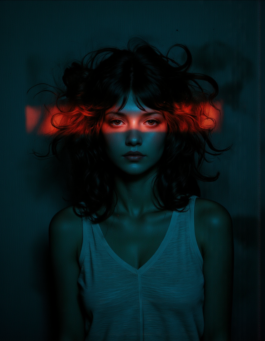 A moody, atmospheric portrait of a young woman standing in a dimly lit room, illuminated by a striking horizontal beam of red light that cuts across her face, highlighting her intense, captivating eyes. Her dark, voluminous hair frames her face, with shadows cascading around her, blending softly into the dark background. The cool, ambient lighting in the room contrasts with the bold red glow, creating a cinematic and cyberpunk-inspired visual. The woman wears a simple, light-colored top, which subtly reflects the faint blue tones in the surrounding shadows.The composition is intimate, focusing on the interplay of light and shadow that creates a sense of mystery and quiet intensity. The red beam of light adds a surreal, almost futuristic element, drawing the viewerâs eye to her expression, which conveys a mix of vulnerability and strength. The overall aesthetic is modern, evocative, and dreamlike, blending minimalism with bold, dramatic lighting for a powerful and visually captivating result. <lora:Fluxartis_Photography:0.8> <lora:Defluxion_v1:0.4> <lora:Illustration_concept_Variant_3:0.55> <lora:Dorota_Pietrowiak:0.75> <lora:Dark_Cinematic:0.7>