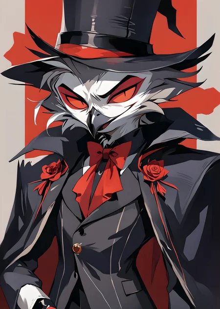 Score_9, score_8_up, score_7_up, score_6
(source_cartoon:1, vector_trace:1, vector_art:1, helluva_boss, highres, semi-realistic, official art, official wallpaper, absurdres)
HCSV1 stolas \(helluva boss\), avian, avian demon, bird, demon, owl, owl demon, anthro, beak, black clothing, cape, clothing, formal clothing, formal wear, fur, grey body, grey fur, grey hair, hair, hat, headgear, headwear, looking at viewer, male, red background, red clothing, red eyes, short hair, simple background, smile, solo, top hat, white face
<lora:Helluva Cartoon Style Pony V1:1.6>