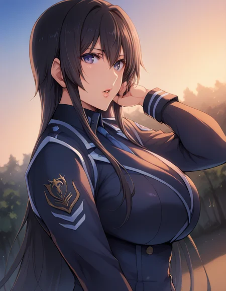 score_9, score_8_up, score_7_up,ken-1,highres, 1girl,  <lora:[pony]ken-1:1>, curvy,large breasts, dutch angle, from side, looking back, upper body, parted lips, shiny skin, shiny clothes,  <lora:[pony]takamura yui:0.7>,takamura yui, uniform,military uniform, very long hair, white ribbon, outdoors,nature, hand in own hair,