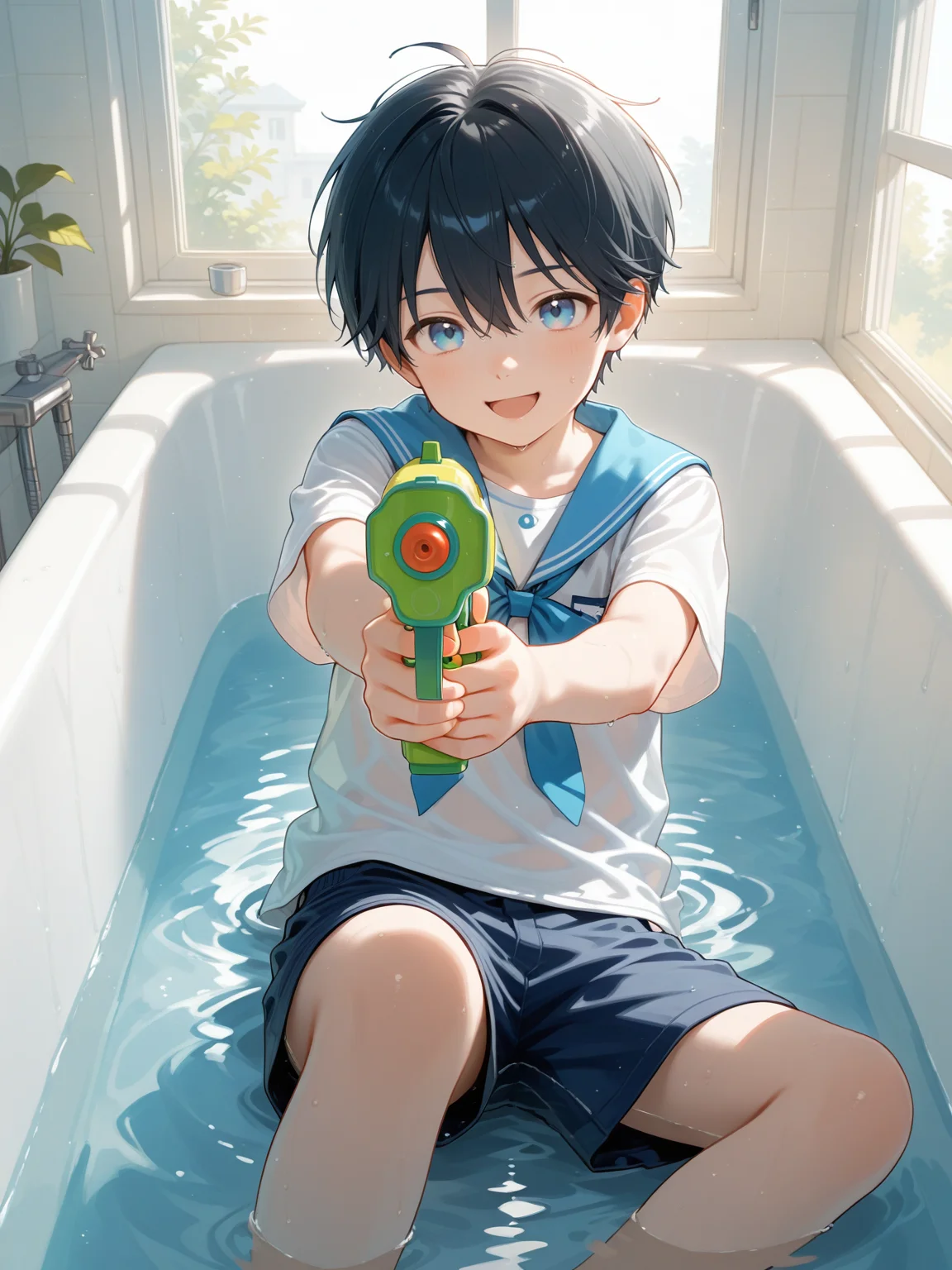 1boy,aged down,solo,short hair,black hair,hair between eyes,blue eyes,multicolored_eyes,sailor collar shirt,short sleeves,shorts,sitting,aiming at viewer,water gun,looking at viewer,smile,open mouth,bathtub,window,day,cinematic lighting,illustration,artbook,outline,IllusP0s,<lora:aidmaFLuxPro1.1_v0.3_IL:0.25>,<lora:ai_styles_collection_noob_vpred-1.0-v6-edm2-pass:0.3>,<lora:akicocolo:0.7>,