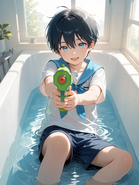 1boy,aged down,solo,short hair,black hair,hair between eyes,blue eyes,multicolored_eyes,sailor collar shirt,short sleeves,shorts,sitting,aiming at viewer,water gun,looking at viewer,smile,open mouth,bathtub,window,day,cinematic lighting,illustration,artbook,outline,IllusP0s,<lora:aidmaFLuxPro1.1_v0.3_IL:0.25>,<lora:ai_styles_collection_noob_vpred-1.0-v6-edm2-pass:0.3>,<lora:akicocolo:0.7>,