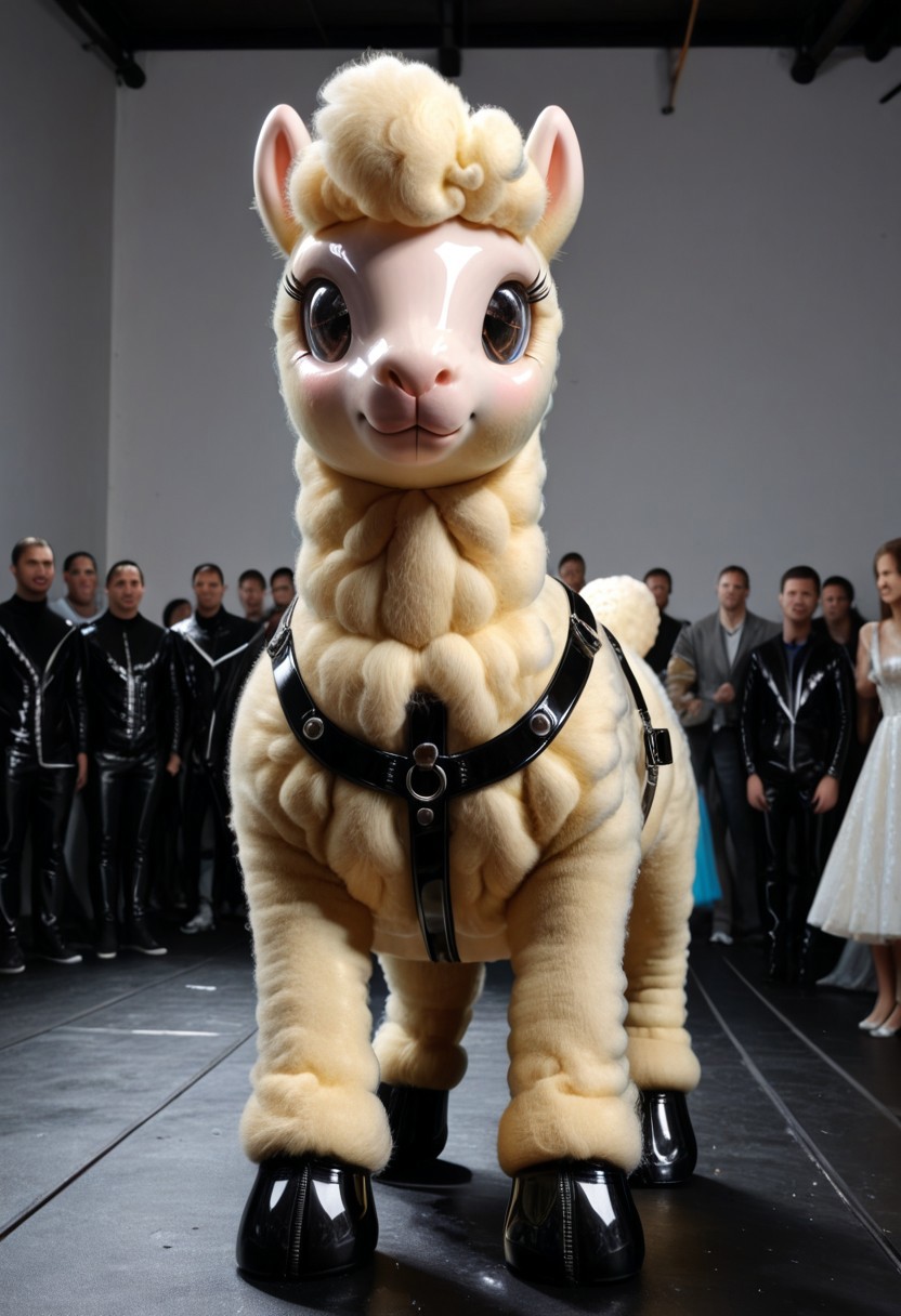 a bored Latex alpaca in a cool club with Latex black walls, party alpaca, (Latex harness), Latex clothing, very detailed, 4k, sharp