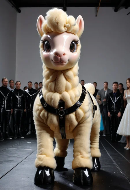 a bored Latex alpaca in a cool club with Latex black walls, party alpaca, (Latex harness), Latex clothing, very detailed, 4k, sharp