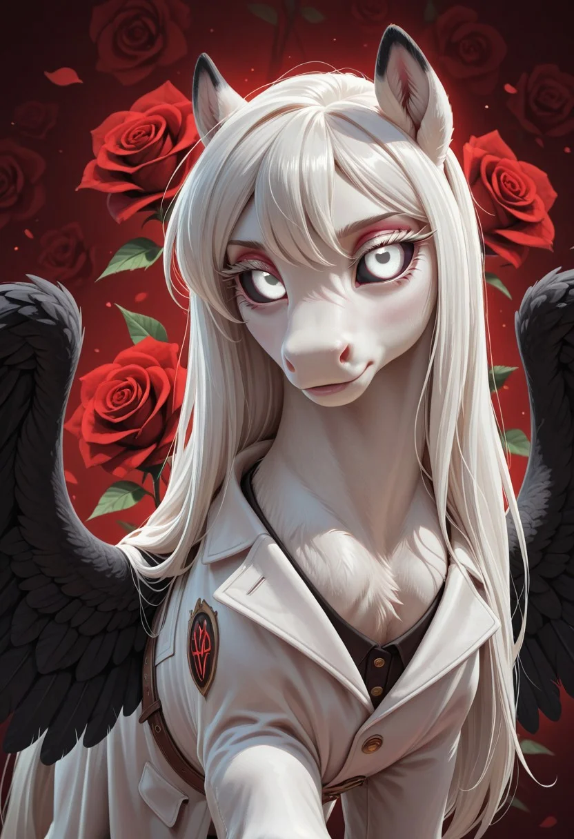 masterpiece, best quality, amazing quality, very aesthetic, absurdres, newest, Albina, 1girl, feral pony, pony, (white fur1.5), (white long hair:1.2), black sclera, white eye, (glowing white eyes:1.4), (black wings:1.1), (black ears:1.1), rose background red background white coat glowing eyes
