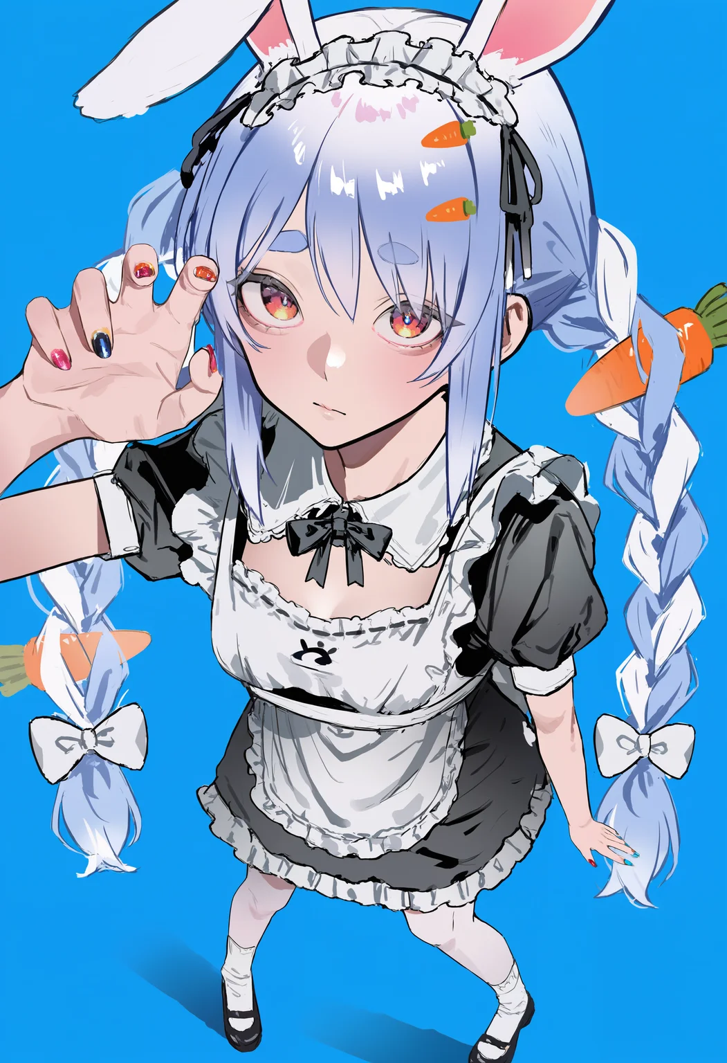 amazing quality, newest, absurdres, realistic lighting, chromatic abberation, perspective, blue background, 1girl, solo, usada pekora, blue hair, maid outfit, carrot hair ornament, colored nails, <lora:mqgire>
