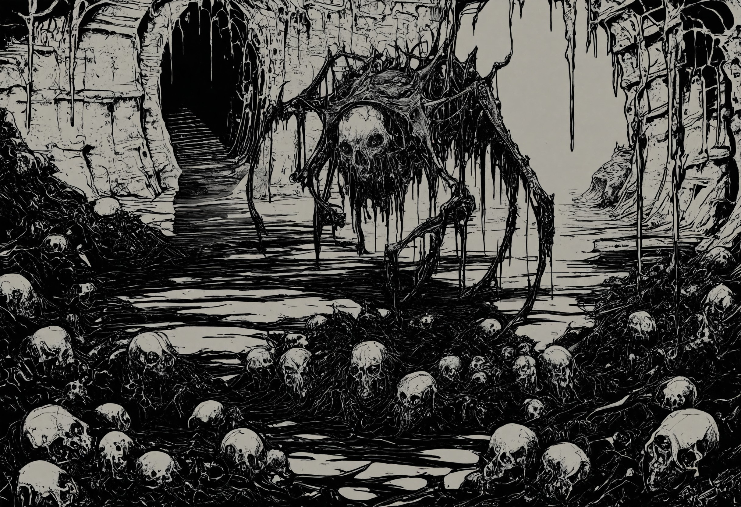 masterpiece, best quality, monochrome, greyscale, monster, creature, arthropod limbs, pile of corpses, skull, cave, mold, dripping, organs, blood, horror \(theme\), dark, fine detail<lora:RioOka_v1_NoobAI:1.0>