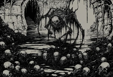 masterpiece, best quality, monochrome, greyscale, monster, creature, arthropod limbs, pile of corpses, skull, cave, mold, dripping, organs, blood, horror \(theme\), dark, fine detail<lora:RioOka_v1_NoobAI:1.0>