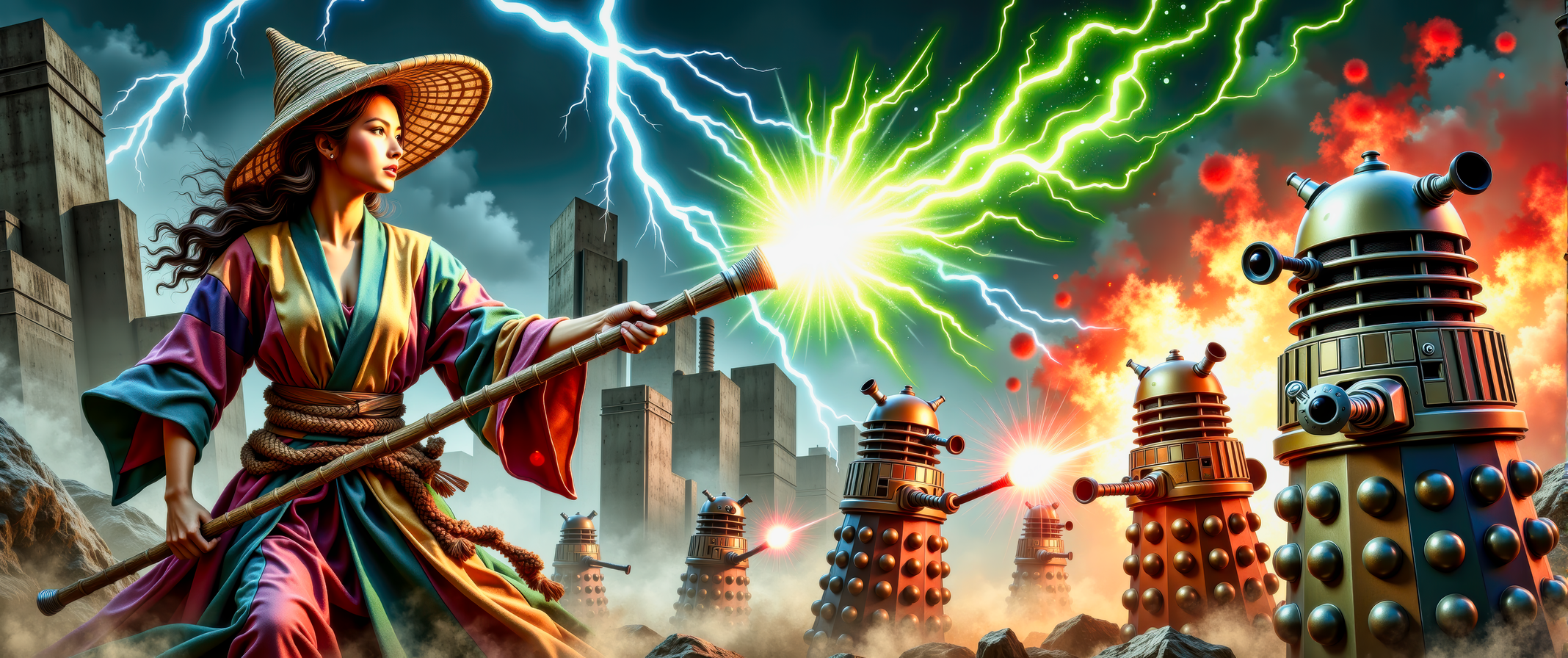 A dynamic action illustration showing a female techno-mage, wearing multi-colored robes and a (bamboo Coolie hat:1.2), engaging in an intense battle against several evil Daleks from planet Saros.  The techno-mage is using her staff to fire pulsating balls of green magical energy at the Daleks. The Daleks are firing red pulse energy beams at the techno-mage. Bolts of blue electrical discharges fill the air.  It is evening, and the battle takes place in a dark misty dystopian cityscape, outside a megalithic industrial complex.  This is a full frame body shot, providing a environmental wide angle view of the entire body.  Movie poster, bold colors, action sequence, complex patterns.  Intricate details, masterpiece, best quality.  Dramatic and dynamic high contrast lighting, dim dark atmosphere. <flux_realism_lora:0.64> <FluxDFaeTasticDetails:0.82> <BaroqueColorful:0.72>