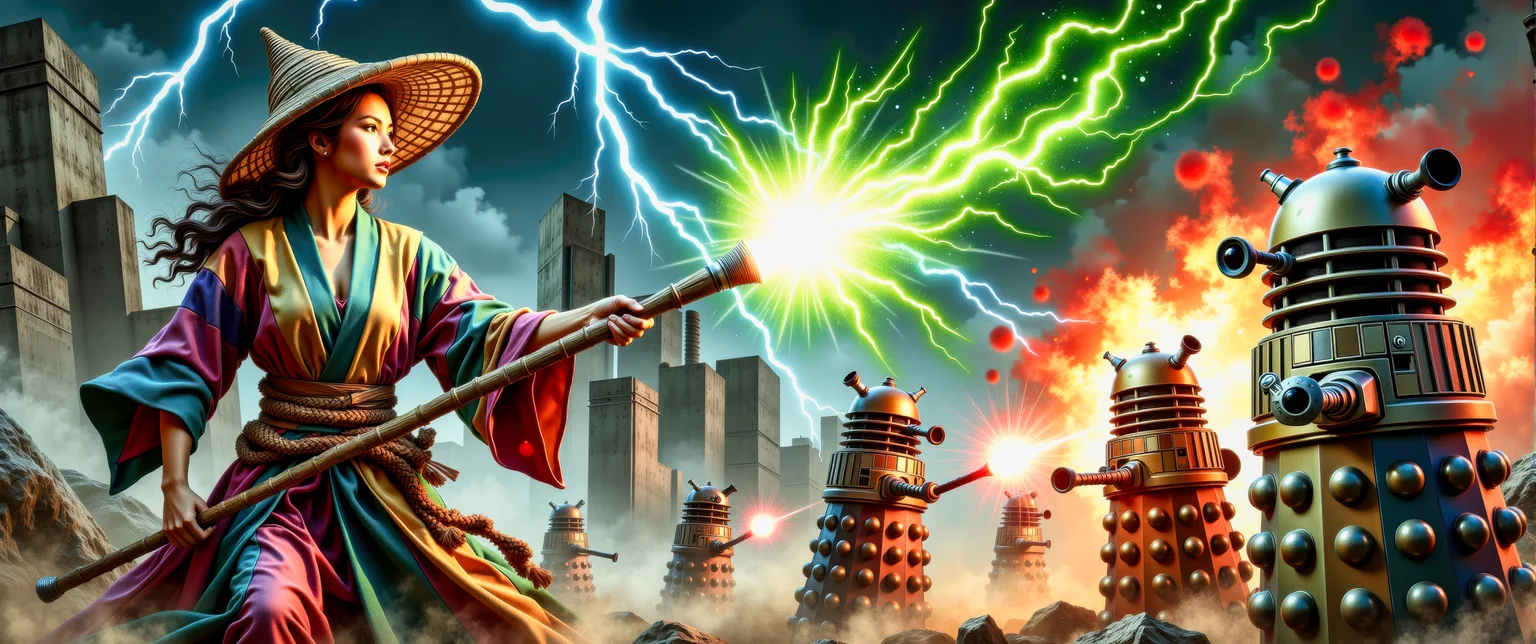 A dynamic action illustration showing a female techno-mage, wearing multi-colored robes and a (bamboo Coolie hat:1.2), engaging in an intense battle against several evil Daleks from planet Saros. The techno-mage is using her staff to fire pulsating balls of green magical energy at the Daleks. The Daleks are firing red pulse energy beams at the techno-mage. Bolts of blue electrical discharges fill the air. It is evening, and the battle takes place in a dark misty dystopian cityscape, outside a megalithic industrial complex. This is a full frame body shot, providing a environmental wide angle view of the entire body. Movie poster, bold colors, action sequence, complex patterns. Intricate details, masterpiece, best quality. Dramatic and dynamic high contrast lighting, dim dark atmosphere. <flux_realism_lora:0.64> <FluxDFaeTasticDetails:0.82> <BaroqueColorful:0.72>