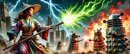 A dynamic action illustration showing a female techno-mage, wearing multi-colored robes and a (bamboo Coolie hat:1.2), engaging in an intense battle against several evil Daleks from planet Saros. The techno-mage is using her staff to fire pulsating balls of green magical energy at the Daleks. The Daleks are firing red pulse energy beams at the techno-mage. Bolts of blue electrical discharges fill the air. It is evening, and the battle takes place in a dark misty dystopian cityscape, outside a megalithic industrial complex. This is a full frame body shot, providing a environmental wide angle view of the entire body. Movie poster, bold colors, action sequence, complex patterns. Intricate details, masterpiece, best quality. Dramatic and dynamic high contrast lighting, dim dark atmosphere. <flux_realism_lora:0.64> <FluxDFaeTasticDetails:0.82> <BaroqueColorful:0.72>