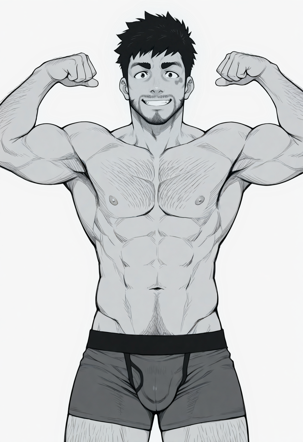 masterpiece,best quality,anime coloring,
1boy,manly,
knkr_g3n,black hair,short hair,
thick eyebrows,
(strongman waist:0.7),muscular male,
scar on face,
beard stubble,mustache stubble,sideburns stubble,
arm hair,beard stubble,facial hair,hairy,topless male,facing viewer,double biceps pose,smile,confident,looking at viewer,grin,black,boxer briefs,white background,simple background,cowboy shot,(navel hair:0.8),bulge,sketch,monochrome,greyscale,chest hair, hairy,
<lora:kinokura_gen_NAI_EPS_1_1_CAME_v1_rev1:1>,ââ,âââ