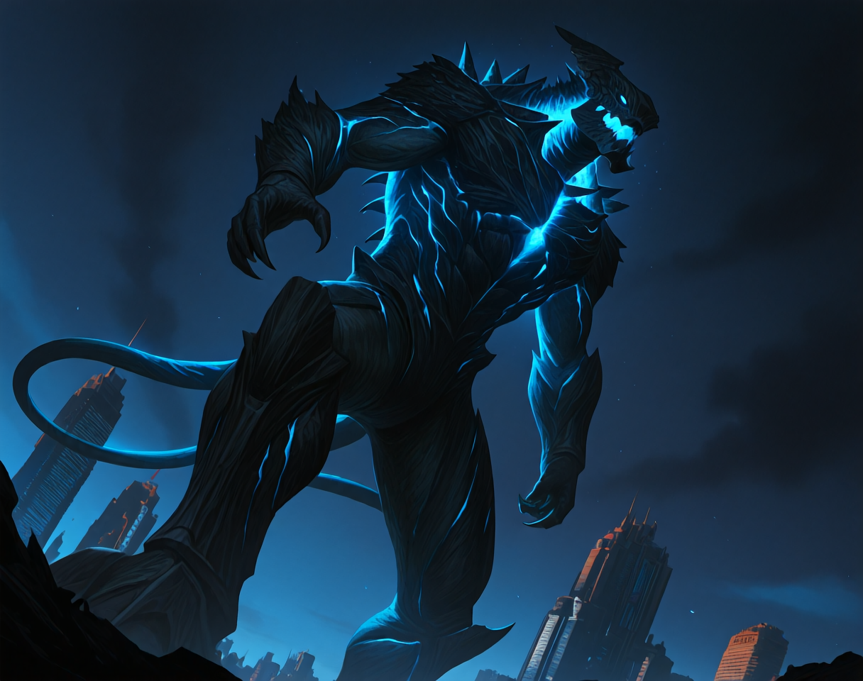 score_9, score_8_up, score_7_up, 
8K, In'ei, chiaroscuro, perfect depth of field shot, beautiful, sharp focus, crisp details, masterclass animation, photographic realism, source_anime, 
<lora:Mega_Kaiju_(Pacific_Rim)_(Illustrious)_(AD):1> Mega Kaiju, Pacific Rim, muscular, kaiju, 
exterior, night sky with dark clouds, city skyline, destroyed skyscrapers, chaotic war zone, dark smoke, 
dynamic action, bent leg, cowboy shot, dutch angle, low angle shot, 
titanic, gigantic, his presence commands respect and deference, end boss, 2tails, blue glow, no humans, 
BREAK Smooth Quality, IllusP0s,