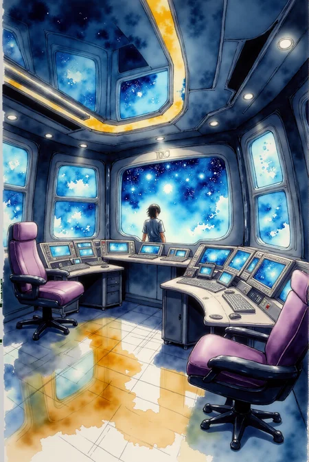 <lora:Watercolor_sketch_v.1:0.8> Watercolorsketch style. The control room is brought to life with soft watercolor washes that blend cool and warm tones to create an immersive and atmospheric scene. The control panels and monitors are painted in muted shades of soft blue and pale cyan, with subtle gradients that suggest the glow of active screens, contrasting with delicate shadows that define their intricate shapes. Earthy tones of sienna and ochre accentuate the surrounding consoles, adding warmth and highlighting the complexity of the buttons and switches. The seating, upholstered in a soft slate gray with hints of lavender, appears worn yet functional, with watercolor textures creating a sense of depth and material variation. The reflective metallic surfaces of the consoles and structural elements are depicted with a harmonious blend of cool grays and soft silver washes, allowing highlights to emerge naturally from the fluidity of the paint. The walls and ceiling feature washes of deep indigo and cool graphite, contrasting with warmer ochre tones near the illuminated panels, lending a sense of depth and artificial lighting. The flooring is rendered in a series of overlapping washes, combining rich umber and soft gray to suggest industrial metal plating with a slightly weathered appearance. The figure standing in the background is painted with loose, translucent washes, suggesting movement and subtle lighting interaction, while warm skin tones contrast against the cooler background. A soft glow emanates from the monitors and highlights the figure's silhouette with a gentle halo effect. Throughout the image, watercolor techniques such as wet-on-wet blending and fine, controlled brushstrokes enhance the scene with rich textures and a tangible, hand-painted quality, balancing technical precision with expressive artistic fluidity.
